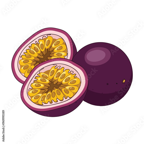 A whole purple fruit and two halves showing bright yellow seeds and pulp