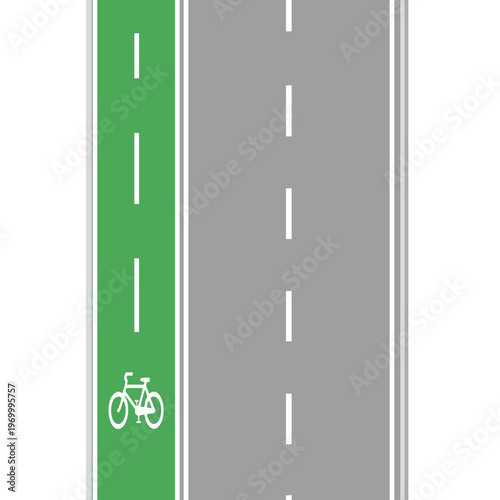 Green bike lane alongside a grey road with white dashed lines