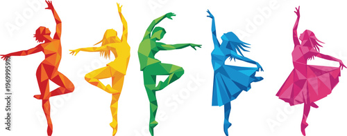 Set of colorful geometric low poly silhouettes of ballet dancers and contemporary performers in dynamic graceful poses isolated on white background for arts design
