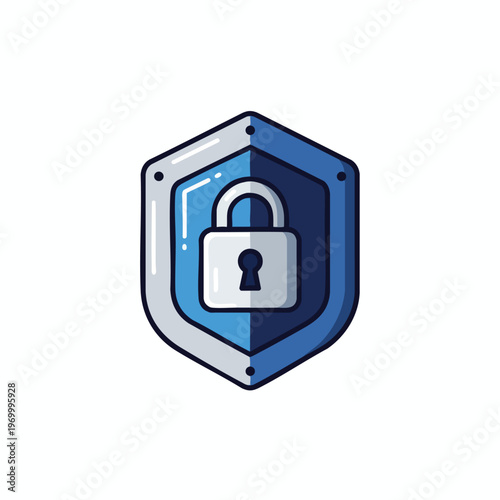 A blue and gray shield with a white padlock and keyhole in the center