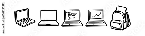 Hand-drawn doodle icons of laptops and a backpack, including coding and business graph screens. Minimalist black and white sketch for education, technology, and freelance work concepts.