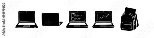 Set of minimalist hand-drawn icons of laptops and a backpack, depicting technology, programming, business growth, and remote work or student life. Black silhouettes on white background.