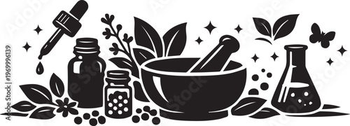 Black Monochrome Homeopathy Concept with Natural Healing Elements and Minimal Silhouette Design
