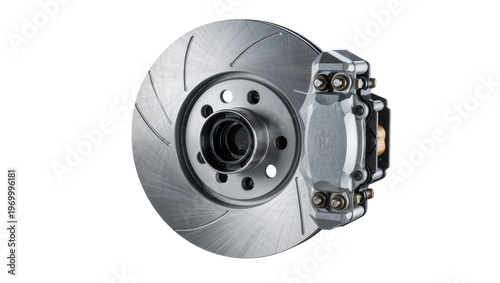Obraz na płótnie Shiny chrome brake rotor assembly, featuring gray caliper and steel mounting har