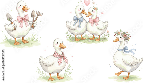 Charming Hand-Painted Watercolor Duck Illustrations Collection with Adorable Waterfowl in Playful Poses, Ideal for Spring, Farm, and Cute Animal Themes