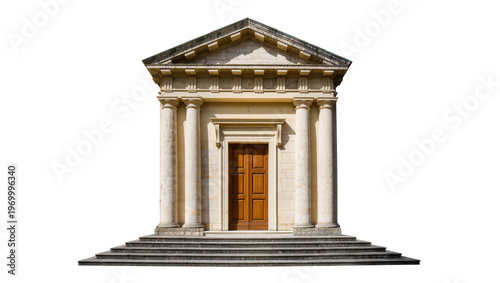Fotografie Classic stone temple facade featuring Doric columns pediment, and wooden door