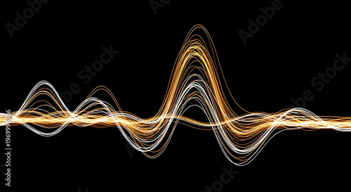 Futuristic design of harmony of gold and white light lines that flow dancing through the darkness