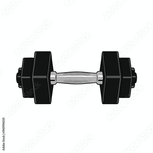 A black dumbbell with a textured silver grip on a white background