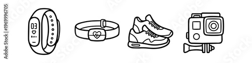 Set of hand-drawn sports and fitness gear icons including a fitness tracker, heart rate monitor, running shoes, and action camera. Black and white doodle style for workout and activity tracking.
