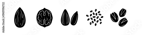 A minimalist collection of black nut and seed silhouette icons including almonds, walnuts, sesame, and pistachios. Clean vector illustrations for healthy food branding on a white background.