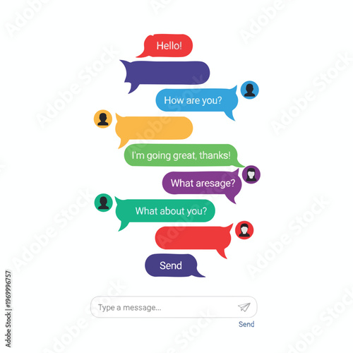 Colorful chat bubbles with messages and user icons depict a conversation