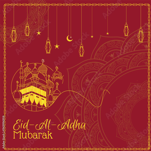 Elegant Eid al-Adha Mubarak Islamic Design with Crescent Moon ,Mosque,  Hanging Lanterns and Mandala Pattern 