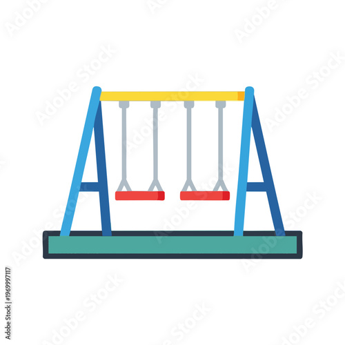 Flat illustration of a blue A-frame swing set with yellow top bar and two red seats