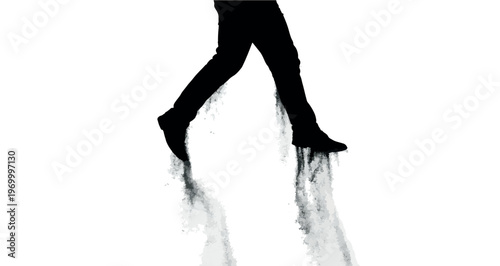 Human Turning Into Sand Silhouette vector showcasing the lower body of a person taking a step, with their legs and feet transforming into a dynamic cascade of dissipating particles 