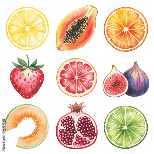 watercolor fruit collection hand painted botanical vector set, fresh fruit illustration pack minimalist food art template, hand drawn fruit elements botanical watercolor clipart set