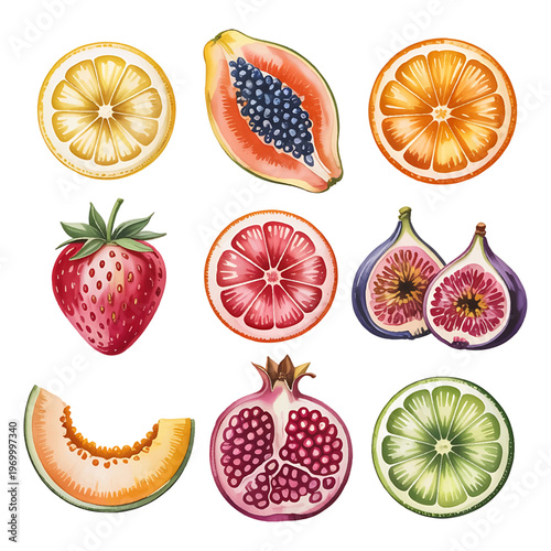 watercolor fruit collection hand painted botanical vector set, fresh fruit illustration pack minimalist food art template, hand drawn fruit elements botanical watercolor clipart set