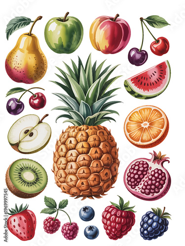 watercolor fruit collection set, hand painted fresh fruits illustration, colorful botanical fruit clipart set