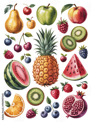 watercolor fruit collection set, hand painted fresh fruits illustration, colorful botanical fruit clipart set