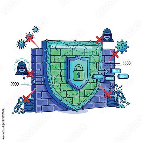 A digital shield blocks threats like viruses and hackers from a network