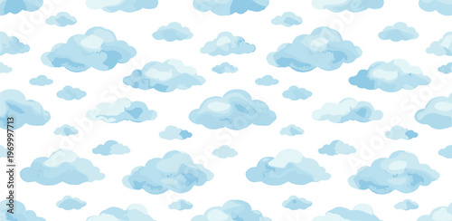 Seamless pattern with cute watercolor clouds floating in a clear blue sky, perfect for children's designs or soft, dreamy backgrounds and textiles