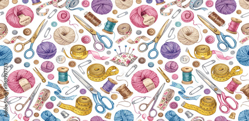 Seamless pattern of sewing and crafting supplies including spools of thread, scissors, thimbles, pins, and measuring tapes on a white background