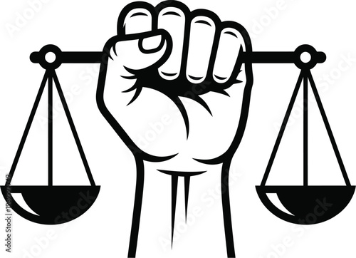 Black and white illustration of a fist holding scales of justice