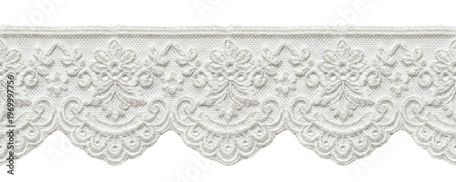 Quadro su tela Horizontal white embroidered floral lace trim, isolated transparent background f