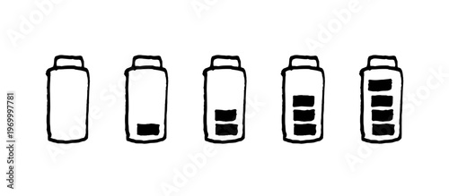 Battery charge level icon doodle set. Black doodle style hand drawn object. Simple isolated outline.