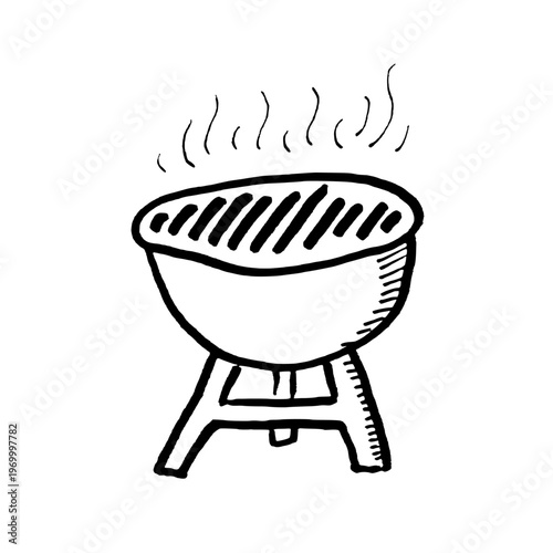 Hand-drawn garden barbeque grill. Black doodle style hand drawn object. Simple isolated outline of BBQ grill.
