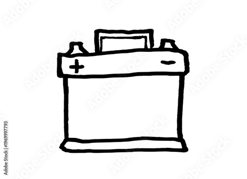 12V car battery drawing. Black doodle style hand drawn object. Simple isolated outline.