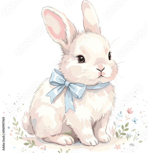 Sweet hand-painted white rabbit in a soft watercolor style, adorned with a pretty blue ribbon, surrounded by subtle botanical elements, evoking a peaceful and innocent spring mood
