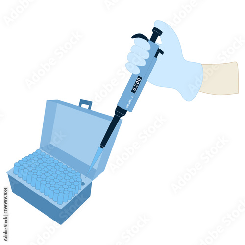 Hand Attaching Disposable Plastic Tip to Micropipette from Storage Box
