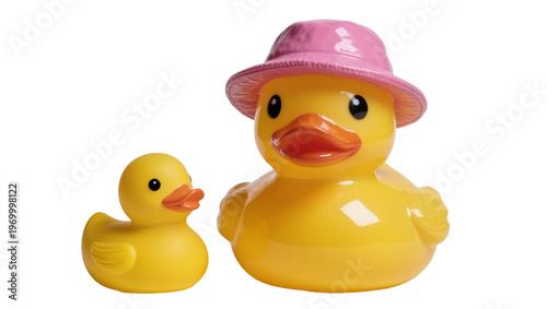 Foto Yellow rubber ducks one wearing a pink sun hat, playfully pose