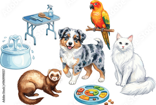 Collection of domestic animals including a puppy, kitten, parrot, and ferret, surrounded by pet accessories like a grooming table, water fountain, and treat dispenser