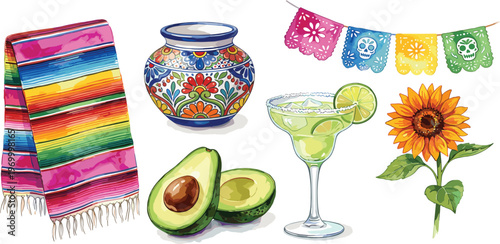 Vibrant watercolor collection of Mexican fiesta essentials serape, pottery, margarita, avocado, papel picado, and sunflower, perfect for cultural celebrations