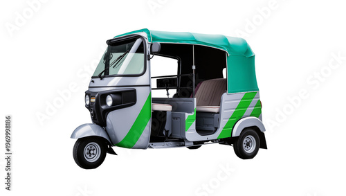 Foto Green yellow three-wheeled auto rickshaw, displaying side profile with black fra