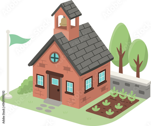 Isometric Cartoon School Building with Garden and Flag icon outline