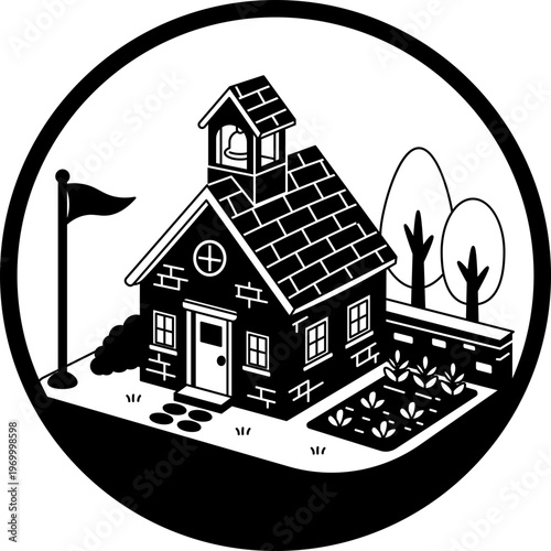 Isometric Cartoon School Building with Garden and Flag icon outline