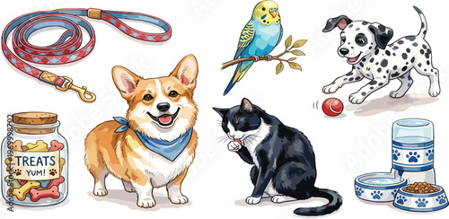 Collection of cute pets and pet accessories including a corgi, dalmatian puppy, cat, budgie, leash, treat jar, and food bowls