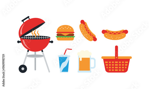 Colorful illustration of barbecue and picnic essentials for an outdoor gathering