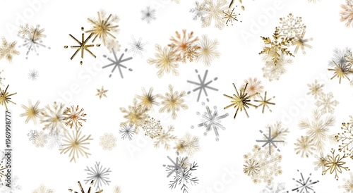 Festive and graceful image of golden and silver snowflakes on a white backdrop, perfect for winter