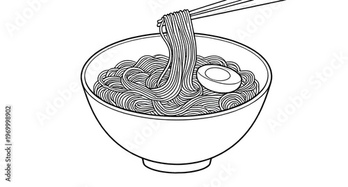 line drawing of noodles in bowl isolated on white background for food design concept, noodle bowl line art illustration for asian cuisine and restaurant design projects, ramen bowl line drawing illust