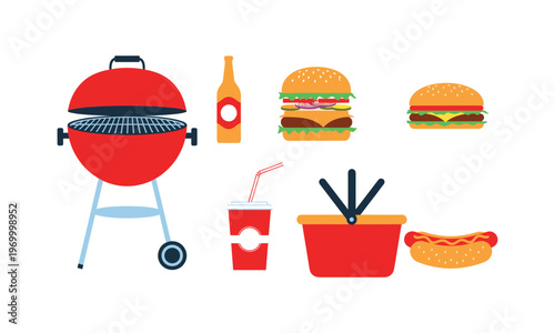 Colorful illustration of a barbecue setup and food items