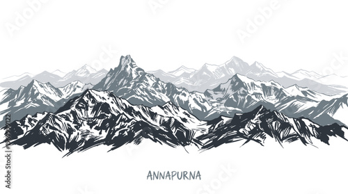 Majestic Annapurna mountain range depicted in a detailed, monochromatic sketch with dramatic peaks and valleys.