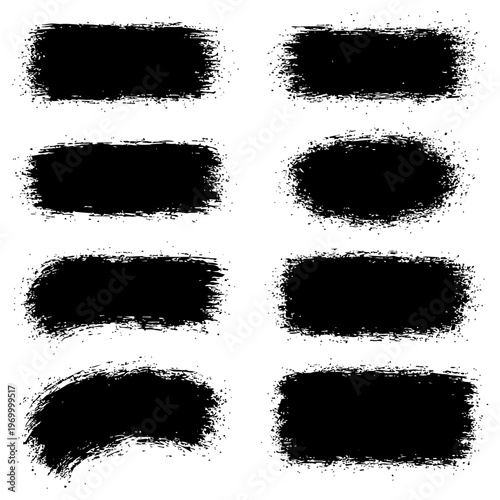 A versatile collection of black grunge brush stroke banners with rough edges and ink paint textures. Ideal for headlines, text backgrounds, labels, posters, social media graphics, and branding project