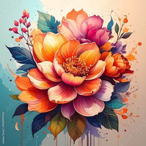 Bright blooms. Orange, pink & purple layered petals, leafy greens, red berries, and soft splatter art background