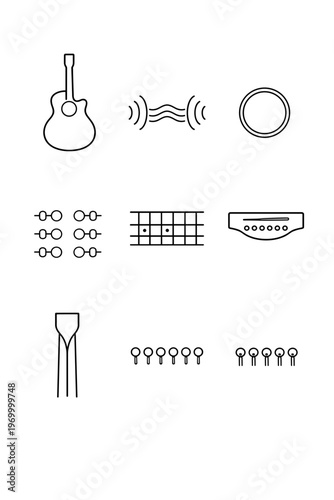 Collection Of Guitar Related Icons On White Background Featuring Guitar Body Soundwaves Tuning Pegs Fretboard And Bridge
