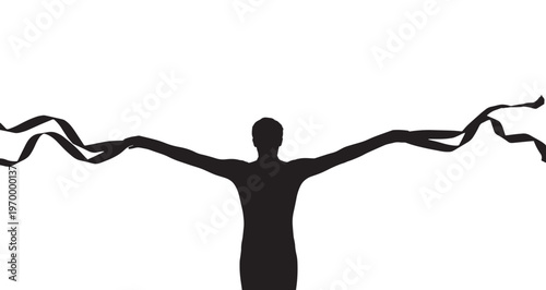 Dimensional Stretch Silhouette vector illustration of a person's silhouette with arms outstretched, holding long, flowing ribbons that symbolize freedom.