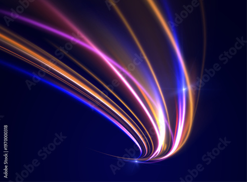 Abstract glowing lines form a dynamic road perspective. Neon gradients shift across blue and pink hues. The scene expresses speed and motion flow.