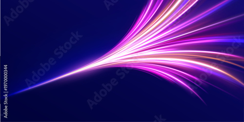 Bright neon streaks flow along a dark road surface. Glowing curves simulate rapid movement and energy. Perfect for racing and futuristic visuals.